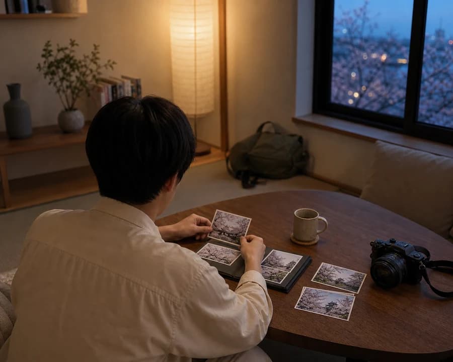 旅行後の夜に弘前の写真をアルバムへ整理する後ろ姿