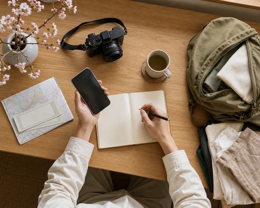 旅行前にスマートフォンとノートで予定を整理する手元
