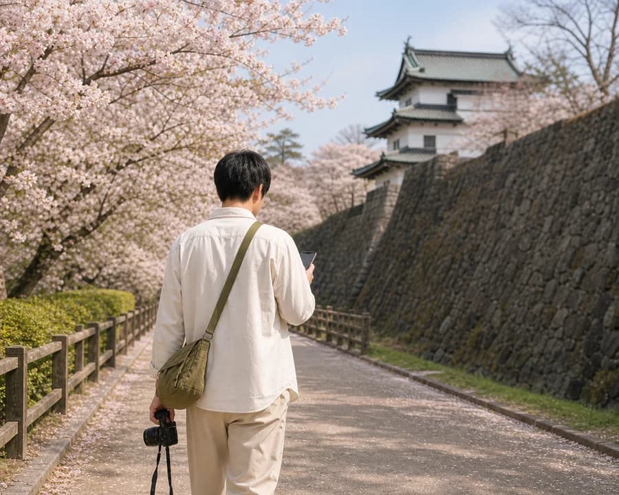 弘前を歩きながらスマートフォンで予定を確認する旅行者の後ろ姿